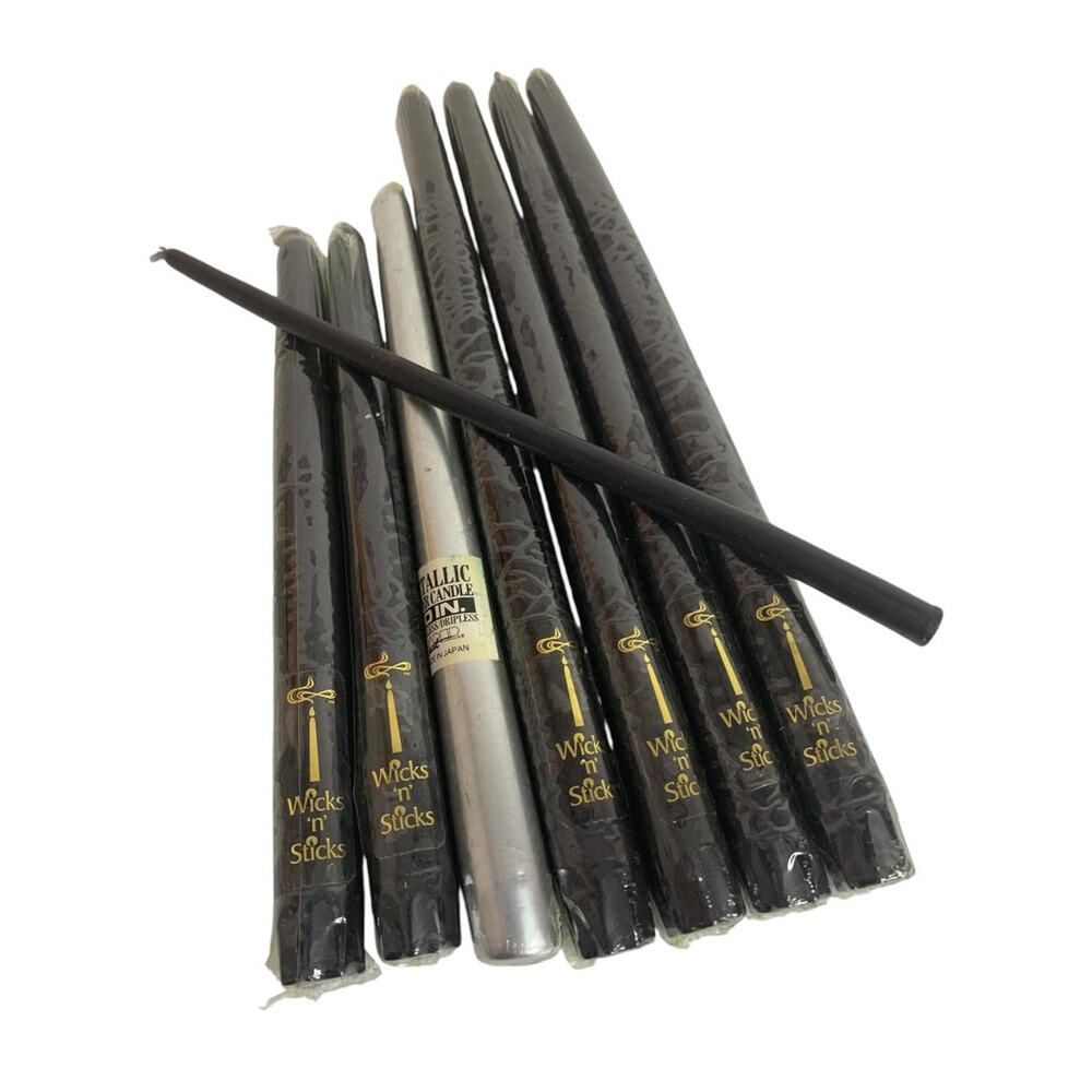 Lot of 8 Taper Candles 12 10 9 Black SilverWicks n Sticks